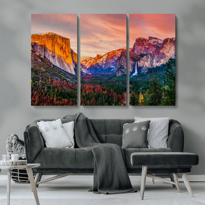 24519-MGV-CV-36X24-Yosemite Valley Sunset Wall Art – Majestic Mountain Landscape with Waterfall and Vibrant Sky, Nature Photography for Home or