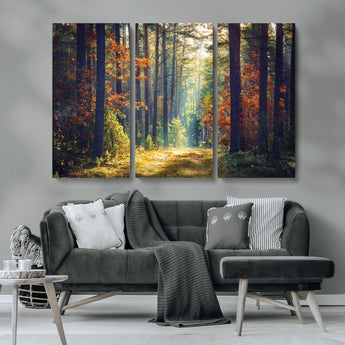 86249-MGV-CV-36X24-Sunlit Autumn Forest Path Wall Art – Peaceful Nature Scene with Fall Foliage, Calming Woods Decor for Home or Office