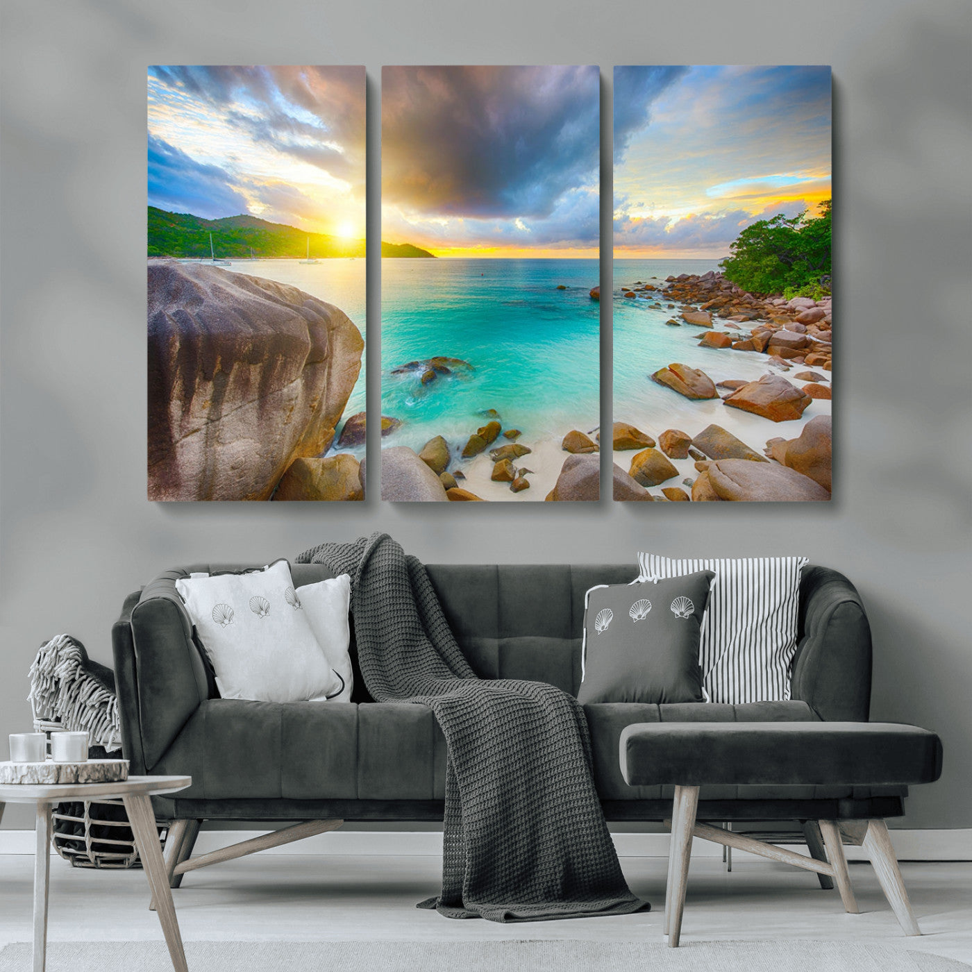 23769-MGV-CV-36X24-Tropical Beach Sunset Wall Art – Ocean Waves and Rocky Shore Canvas Print, Coastal Seascape Photography Decor