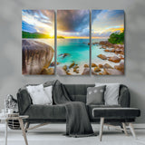 23769-MGV-CV-36X24-Tropical Beach Sunset Wall Art – Ocean Waves and Rocky Shore Canvas Print, Coastal Seascape Photography Decor