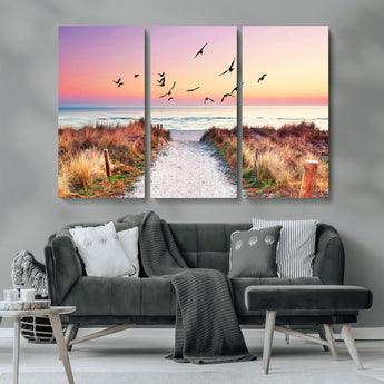 54411-MGV-CV-36X24-Beach Path with Birds Wall Art – Coastal Sunset Ocean Canvas Print, Seaside Nature Landscape Photography for Living Room, Bedroom
