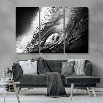 22702-MGV-CV-36X24-Black and White Ocean Wave Wall Art – Powerful Surf Curl Photography Canvas Print, Modern Coastal Decor for Living Room, Office or