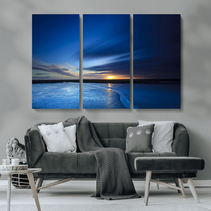 65405-MGV-CV-36X24-Blue Sunrise Seascape Wall Art – Tranquil Ocean Horizon Canvas Print with Golden Sunlight and Deep Sky, Coastal Landscape Decor