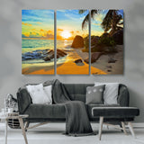 26181-MGV-CV-36X24-Golden Tropical Sunset Beach Wall Art – Ocean Canvas Print with Palm Trees and Rocks, Coastal Paradise Decor for Living Room or