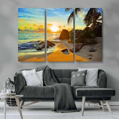 26181-MGV-CV-36X24-Golden Tropical Sunset Beach Wall Art – Ocean Canvas Print with Palm Trees and Rocks, Coastal Paradise Decor for Living Room or
