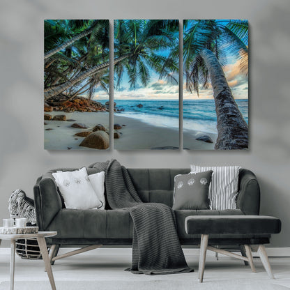 39679-MGV-CV-36X24-Tropical Palm Beach Wall Art – Serene Ocean Canvas Print with Palm Trees and Rocks, Coastal Paradise Decor for Living Room or