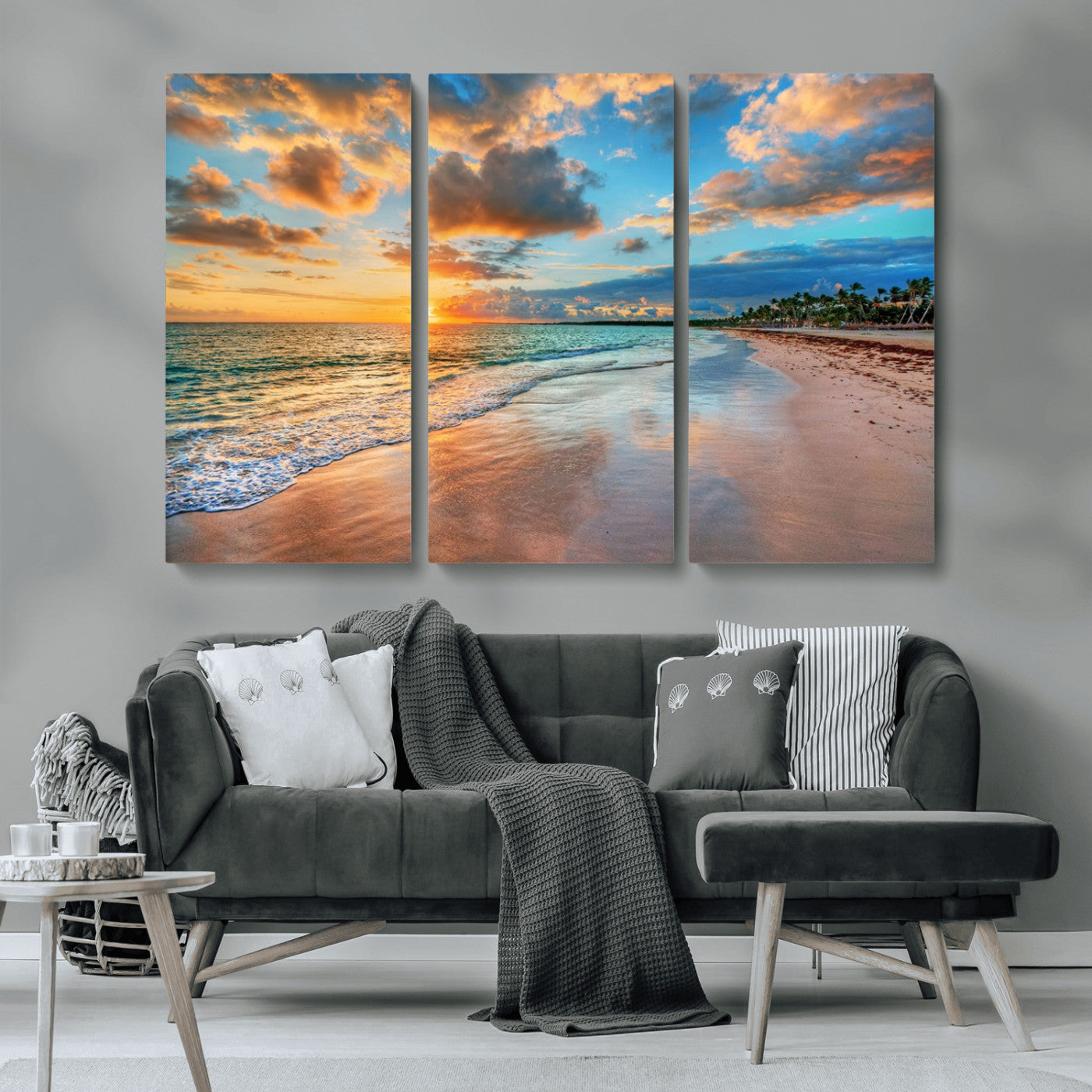 41572-MGV-CV-36X24-Sunset Beach Wall Art – Ocean Waves and Palm Trees Canvas Print, Tropical Coastal Sunset Seascape Decor for Living Room, Bedroom