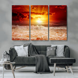 60211-MGV-CV-36X24-Fiery Sunset Ocean Wall Art – Red Sky Seascape Canvas Print with Waves, Bold Coastal Sunset Decor for Living Room or Bedroom
