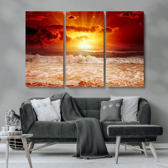 60211-MGV-CV-36X24-Fiery Sunset Ocean Wall Art – Red Sky Seascape Canvas Print with Waves, Bold Coastal Sunset Decor for Living Room or Bedroom
