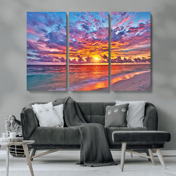 72836-MGV-CV-36X24-Fiery Sunset Beach Wall Art – Panoramic Vibrant Ocean Canvas Print, Dramatic Coastal Decor for Living Room, Bedroom or Office