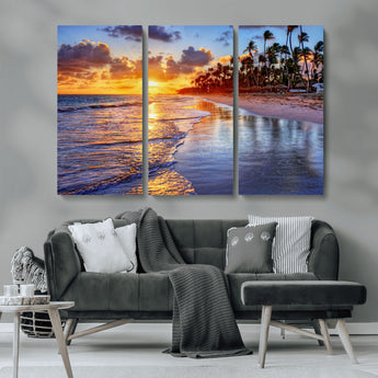 19917-MGV-CV-36X24-Tropical Sunset Beach Wall Art – Panoramic Palm Trees and Ocean Canvas Print, Vibrant Coastal Decor for Living Room, Office or Man