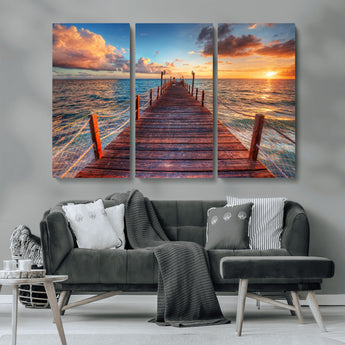 28836-MGV-CV-36X24-Ocean Pier Sunset Wall Art – Wooden Dock and Golden Horizon Canvas Print, Coastal Seascape Photography for Living Room, Bedroom,