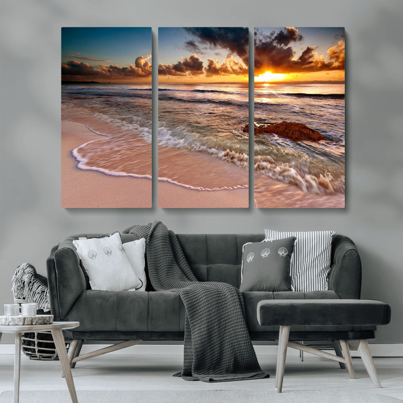 80979-MGV-CV-36X24-Golden Sunrise Beach Wall Art – Ocean Waves and Sandy Shore Canvas Print, Coastal Sunset Photography Artwork for Living Room,