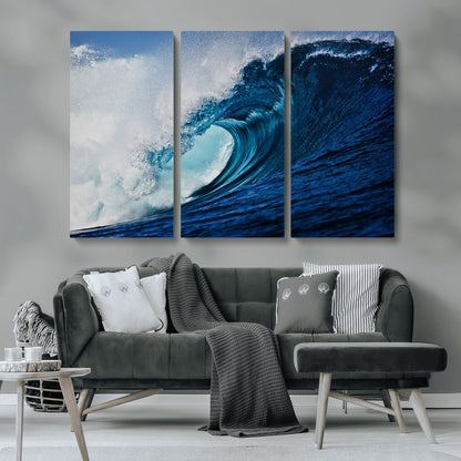 89502-MGV-CV-36X24-Powerful Ocean Wave Wall Art – Panoramic Blue Sea Wave Canvas Print, Coastal Surf Photography Artwork for Living Room, Bedroom, or