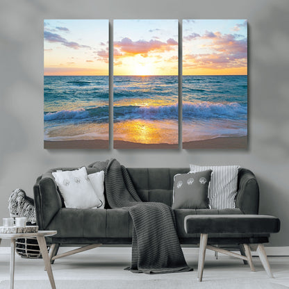 78006-MGV-CV-36X24-Golden Sunrise Ocean Wall Art – Panoramic Beach Waves Canvas Print, Coastal Seascape Artwork for Living Room, Bedroom, Office, or