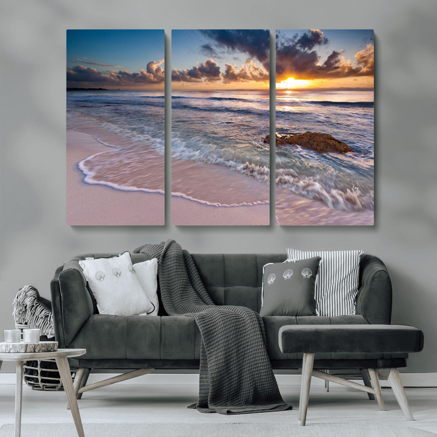 94906-MGV-CV-36X24-Sunrise Beach Wall Art – Panoramic Ocean Waves Canvas Print, Coastal Sunset Seascape Artwork for Living Room, Bedroom, or Office