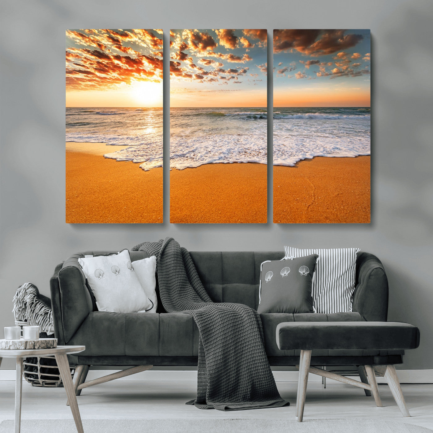 15399-MGV-CV-36X24-Golden Sunrise Beach Wall Art – Ocean Waves on Sandy Shore Canvas Print, Coastal Seascape Decor for Living Room or Bedroom