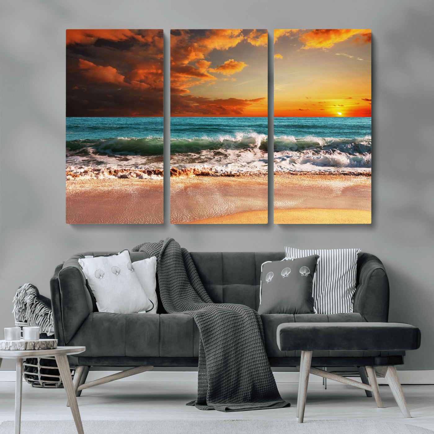 72948-MGV-CV-36X24-Ocean Sunset Wave Wall Art – Dramatic Seascape Canvas Print with Golden Sky and Crashing Waves, Coastal Beach Decor for Living