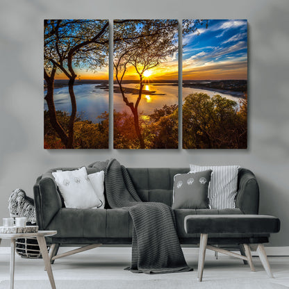 71863-MGV-CV-48X32-3P-Lake Sunset Wall Art – Scenic Nature Canvas Print with Trees and Golden Sky, Serene Landscape Decor for Living Room, Bedroom or