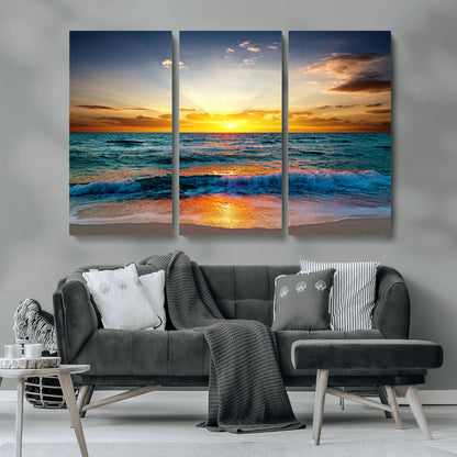 50627-MGV-CV-36X24-Ocean Sunset Wall Art – Serene Beach Canvas Print with Waves and Golden Sky, Coastal Decor for Living Room or Office