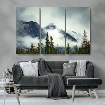 93219-MGV-CV-36X24-Misty Mountain Wall Art – Foggy Pines and Rocky Peaks Canvas Print, Nature Landscape Decor for Living Room, Office or Bedroom
