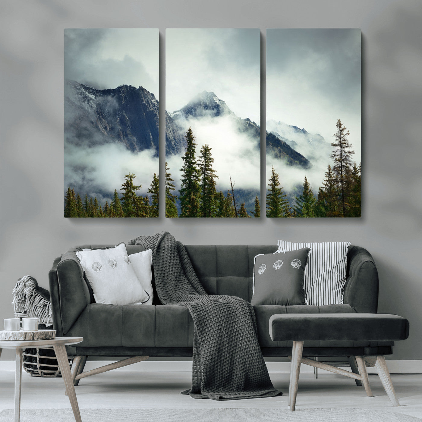 93219-MGV-CV-36X24-Misty Mountain Wall Art – Foggy Pines and Rocky Peaks Canvas Print, Nature Landscape Decor for Living Room, Office or Bedroom