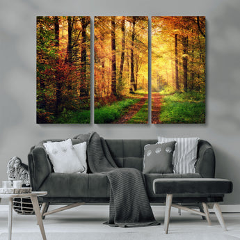73494-MGV-CV-36X24-Golden Autumn Forest Path Wall Art – Sunlit Woodland Canvas Print, Fall Nature Landscape Home Decoration