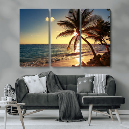 82710-MGV-CV-36X24-Palm Tree Sunset Beach Wall Art – Tropical Ocean Canvas Print, Coastal Paradise Seascape Decor for Living Room or Office Wall