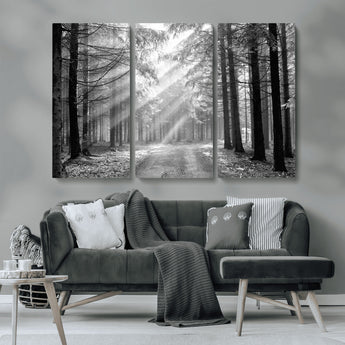 39665-MGV-CV-36X24-Black and White Forest Path Wall Art – Sunlight Rays in Trees Canvas Print, Nature Landscape Decor for Living Room or Office