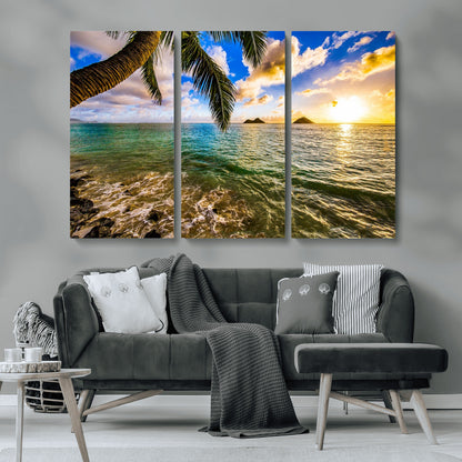 68606-MGV-CV-36X24-Tropical Palm Tree Ocean Wall Art – Sunset Beach Seascape Print, Coastal Paradise Decor for Living Room or Office