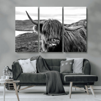 83810-MGV-CV-36X24-Highland Cow Wall Art – Black and White Highland Cattle Print, Rustic Farmhouse Animal Decor for Living Room or Office