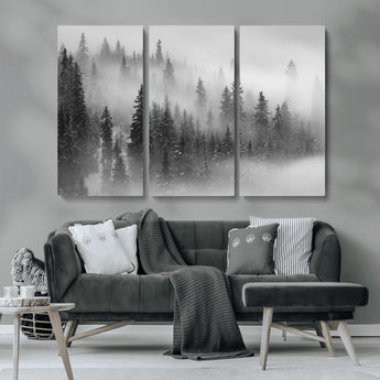 57235-MGV-CV-36X24-Misty Pine Forest Wall Art – Black and White Mountain Landscape Canvas Print, Nature Woodland Decor for Living Room, Bedroom or
