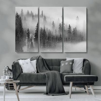 57235-MGV-CV-36X24-Misty Pine Forest Wall Art – Black and White Mountain Landscape Canvas Print, Nature Woodland Decor for Living Room, Bedroom or