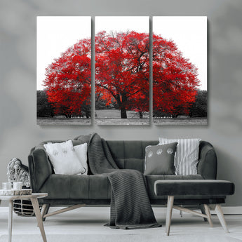80021-MGV-CV-36X24-Red Tree Wall Art – Striking Black and White Landscape Canvas Print with Vibrant Red Leaves, Modern Nature Decor for Living Room