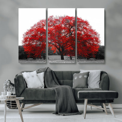 80021-MGV-CV-36X24-Red Tree Wall Art – Striking Black and White Landscape Canvas Print with Vibrant Red Leaves, Modern Nature Decor for Living Room