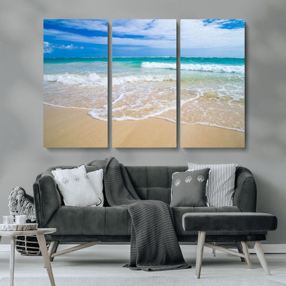 20660-MGV-CV-36X24-Ocean Wave Beach Wall Art – Serene Blue Sea and Sandy Shore Canvas Print, Coastal Landscape Photography Decor for Living Room or