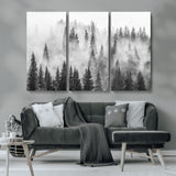 10422-MGV-CV-36X24-Misty Pine Forest Wall Art – Black and White Foggy Landscape Canvas Print, Serene Nature Woodland Decor for Bedroom, Office or