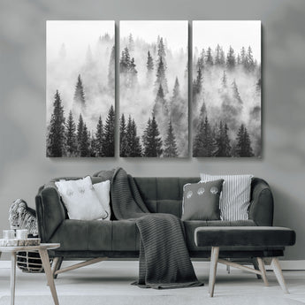 10422-MGV-CV-36X24-Misty Pine Forest Wall Art – Black and White Foggy Landscape Canvas Print, Serene Nature Woodland Decor for Bedroom, Office or