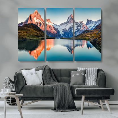88453-MGV-CV-36X24-Mountain Lake Wall Art – Snow-Capped Peaks Reflected in Alpine Water Canvas Print, Nature Landscape Wall Decor for Living Room or