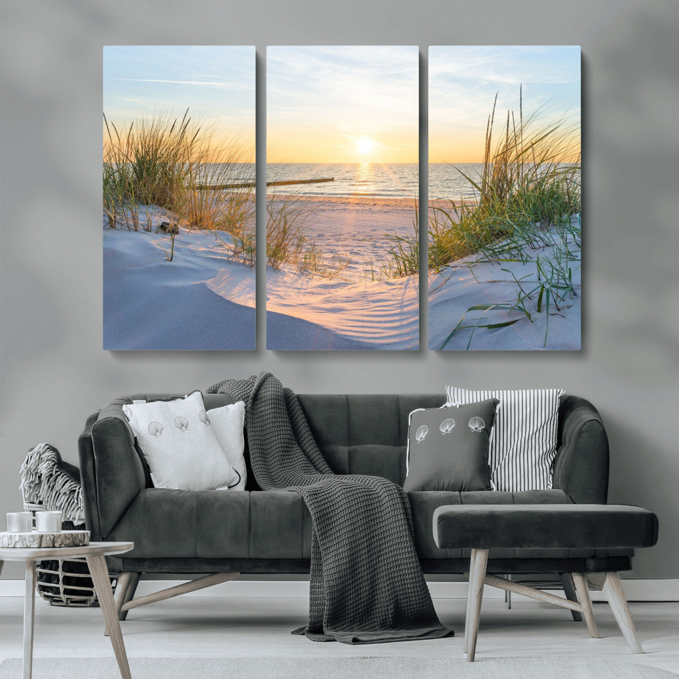48907-MGV-CV-36X24-Beach Sunset Wall Art – Coastal Sand Dunes and Ocean View Canvas Print, Serene Seaside Landscape Painting for Living Room, Bedroom