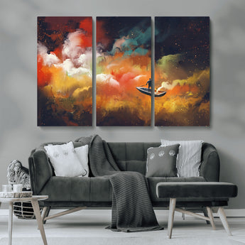 45085-MGV-CV-36X24-Surreal Cosmic Wall Art – Abstract Galaxy Dreamscape Canvas Print with Man and Dog in Boat, Fantasy Nebula Painting for Living