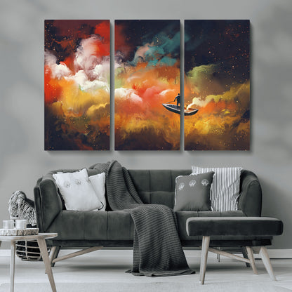 45085-MGV-CV-36X24-Surreal Cosmic Wall Art – Abstract Galaxy Dreamscape Canvas Print with Man and Dog in Boat, Fantasy Nebula Painting for Living