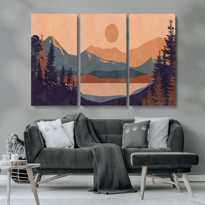 62795-MGV-CV-36X24-Minimalist Mountain Landscape Wall Art – Abstract Sunset Over Peaks and Pine Trees Canvas Print, Modern Nature Decor for Living