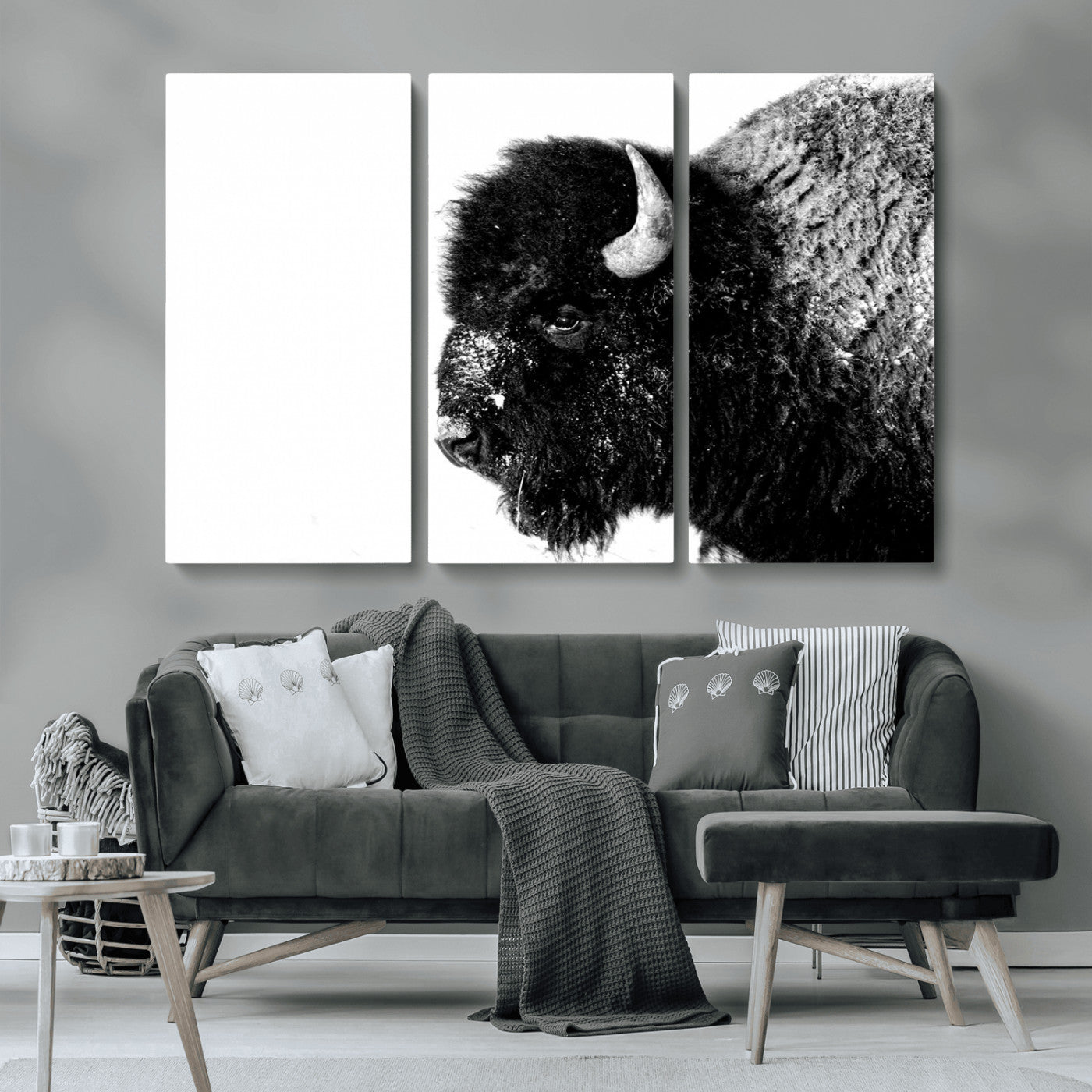 68780-MGV-CV-36X24-Bison Close-Up Wall Art – Black and White Buffalo Canvas Print, Rustic Wildlife Photography Decor for Living Room, Office, or