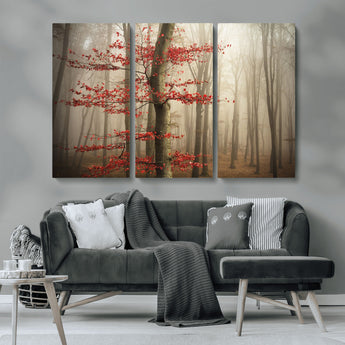 61855-MGV-CV-36X24-Misty Forest Wall Art – Red Tree with Autumn Leaves Canvas Print, Moody Woodland Nature Decor for Living Room, Bedroom, or Office