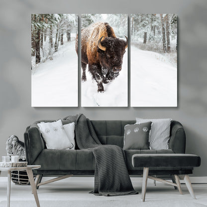 84699-MGV-CV-36X24-Bison in Winter Wall Art – Majestic Buffalo Canvas Print with Snowy Forest Landscape, Rustic Wildlife Artwork for Cabin, Living