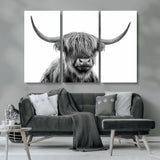 10123-MGV-CV-36X24-Black and White Highland Cow Wall Art – Modern Farmhouse Animal Print, Rustic Scottish Bull Canvas Decor for Living Room, Bedroom,