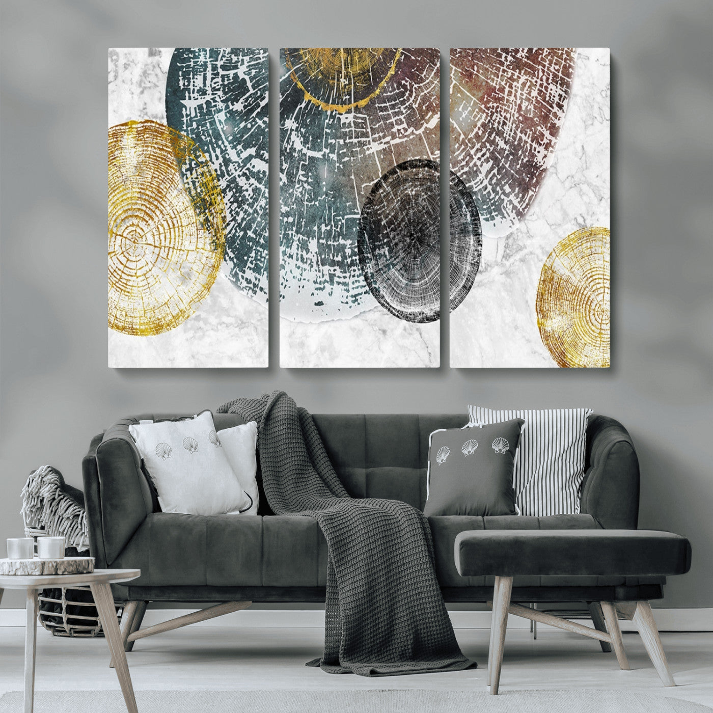 70653-MGV-CV-36X24-Abstract Tree Ring Wall Art – Modern Rustic Wood Slice Canvas Print with Gold Accents, Contemporary Nature Decor for Living Room,