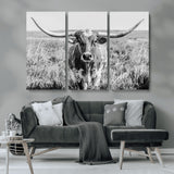 77320-MGV-CV-36X24-Texas Longhorn Wall Art – Black and White Western Cattle Canvas Print, Rustic Farmhouse Animal Photography Decor for Living Room,