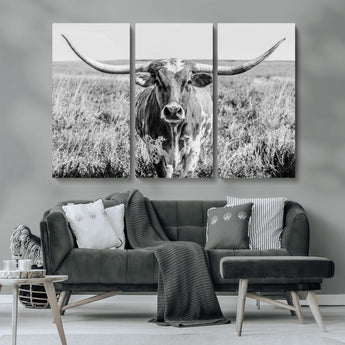 77320-MGV-CV-36X24-Texas Longhorn Wall Art – Black and White Western Cattle Canvas Print, Rustic Farmhouse Animal Photography Decor for Living Room,